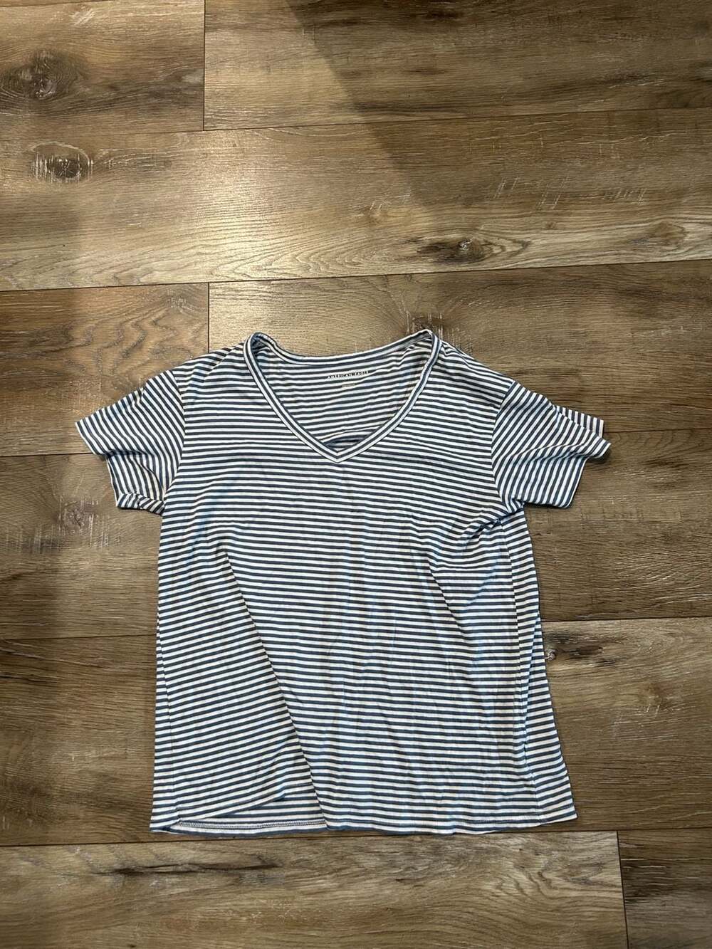 American Eagle Blue and White Striped V-Neck Short Sleeve T-Shirt
